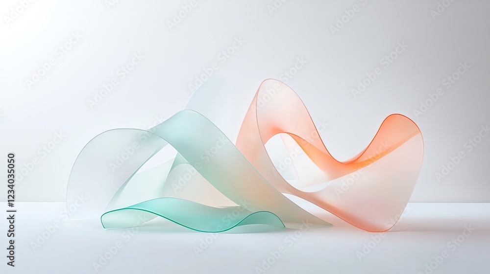 Poster abstract pastel ribbons floating in minimal white space, creating a serene and modern artistic atmos