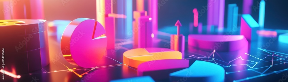 Poster a vibrant, abstract representation of data visualization featuring colorful geometric shapes and glo