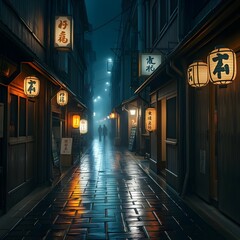 Fototapeta premium Rainy Night in a Traditional Japanese Alley