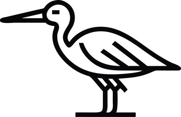 Minimalist bird illustration, black outline, white background, long-necked wading bird, heron silhouette, simple curved lines, graphic design style, vector art, stylized wildlife icon, clean geometric