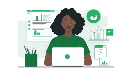 A Black entrepreneur designing a presentation, her laptop displaying creative visuals with green accents