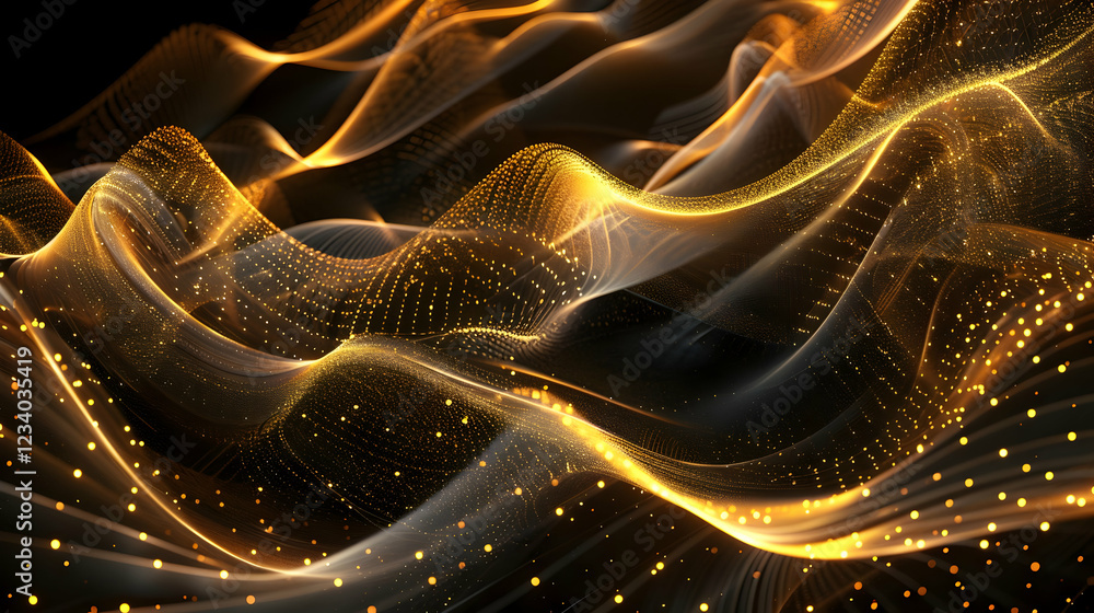 Poster abstract waves of golden light creating a dynamic and fluid visual effect.