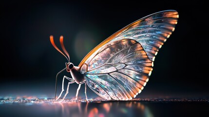 A vibrant butterfly stands on a surface, showcasing intricate patterns and colors illuminated by soft lighting.
