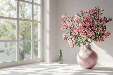Pink blossoms in a vase, sunlit windowsill.