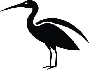 Obraz premium Minimalist bird illustration, black outline, white background, long-necked wading bird, heron silhouette, simple curved lines, graphic design style, vector art, stylized wildlife icon, clean geometric