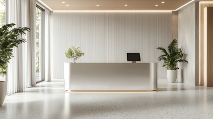Modern office reception desk with minimal decor and natural lighting, creating a welcoming and elegant atmosphere.