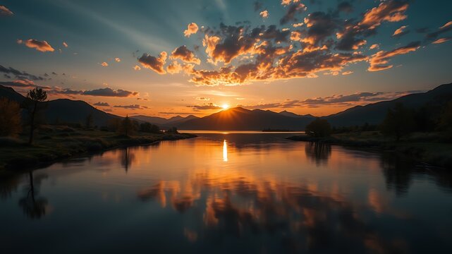 Serene sunset over a calm river reflecting vibrant colors in the scottish highlands.