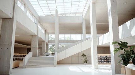 Fototapeta premium Minimalist interior of modern library with natural light, open spaces, and clean lines, emphasizing contemporary architecture.