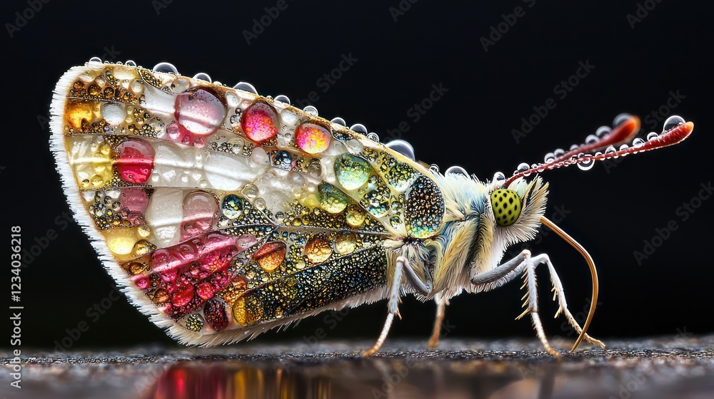 Poster a close-up of a colorful butterfly with shimmering droplets on its wings, showcasing intricate patte