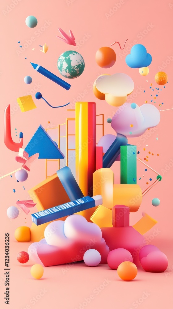 Poster a vibrant composition of geometric shapes and colors, creating a playful and dynamic visual experien