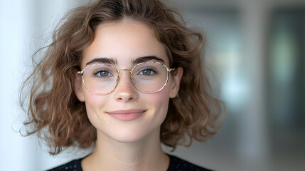 Obraz premium Young woman smiling, glasses, indoor portrait, office background, website profile