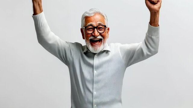 Man in a white shirt and khaki pants is jumping up and down with his arms raised in the air. He has a big smile on his face and he is celebrating something