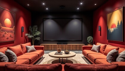 Modern fusion entertainment room with home theater and cozy seating