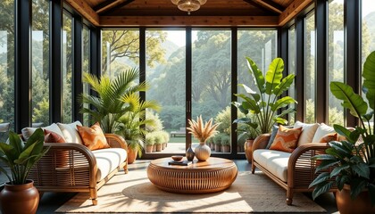 Fototapeta premium Fusion-style sunroom with tropical plants, rattan furniture, boho textiles, and abundant natural light