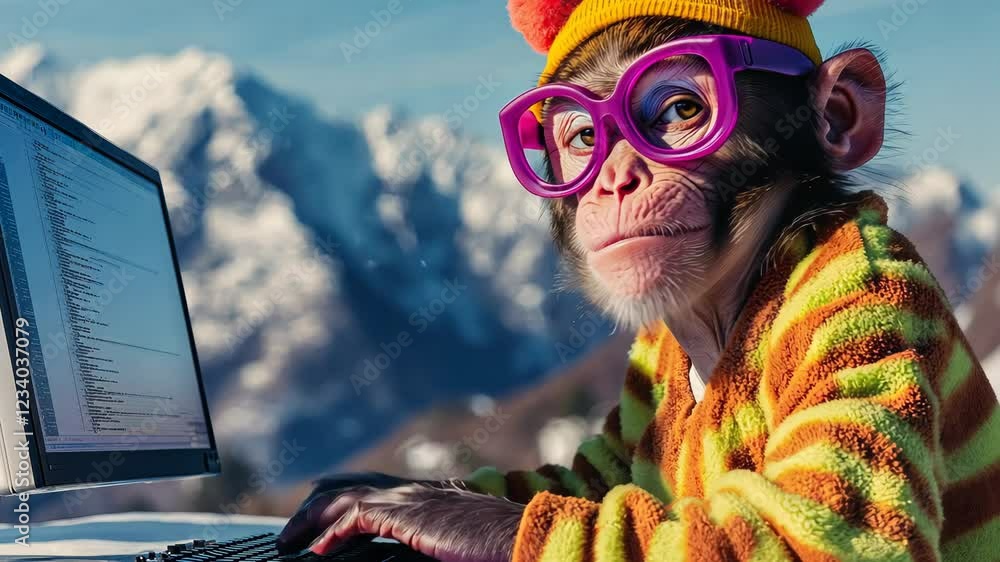 Poster monkey wearing glasses and a yellow hat is sitting in front of a computer. the monkey is typing on t
