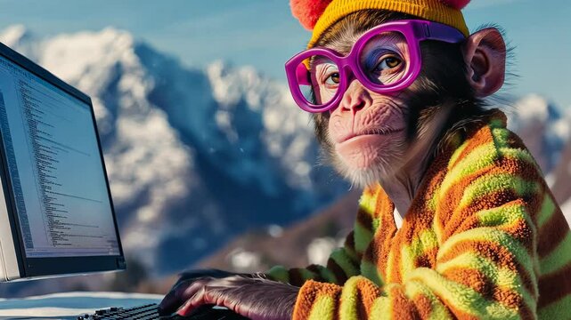 Monkey wearing glasses and a yellow hat is sitting in front of a computer. The monkey is typing on the keyboard, and the image conveys a sense of humor and playfulness
