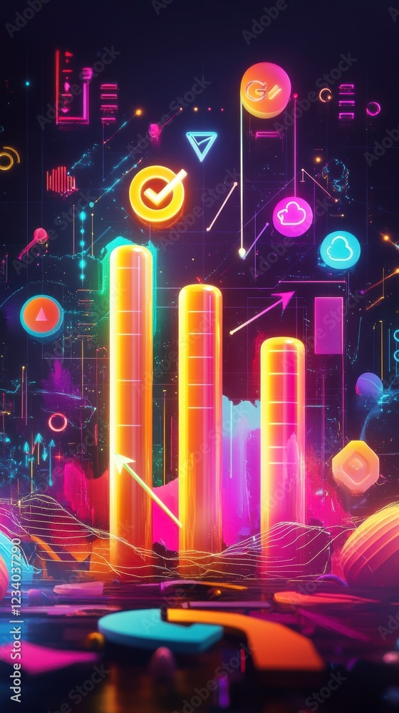 Poster a vibrant digital graphic featuring neon bars and geometric shapes representing data visualization a