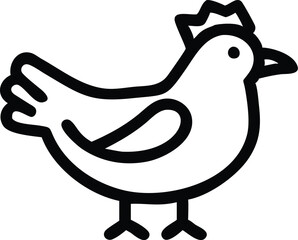 Simple cartoon chicken, black and white outline, minimalist design, children's book illustration style, cute farm animal, rounded shapes, bold lines, simplified form, playful character, side view, sty