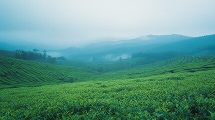 Obraz premium A lush, green tea plantation blankets rolling hills, shrouded in mist and creating a serene and dreamy landscape.