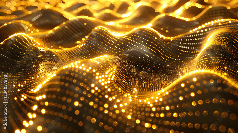 Poster abstract golden waves with shimmering lights creating a dynamic visual effect.
