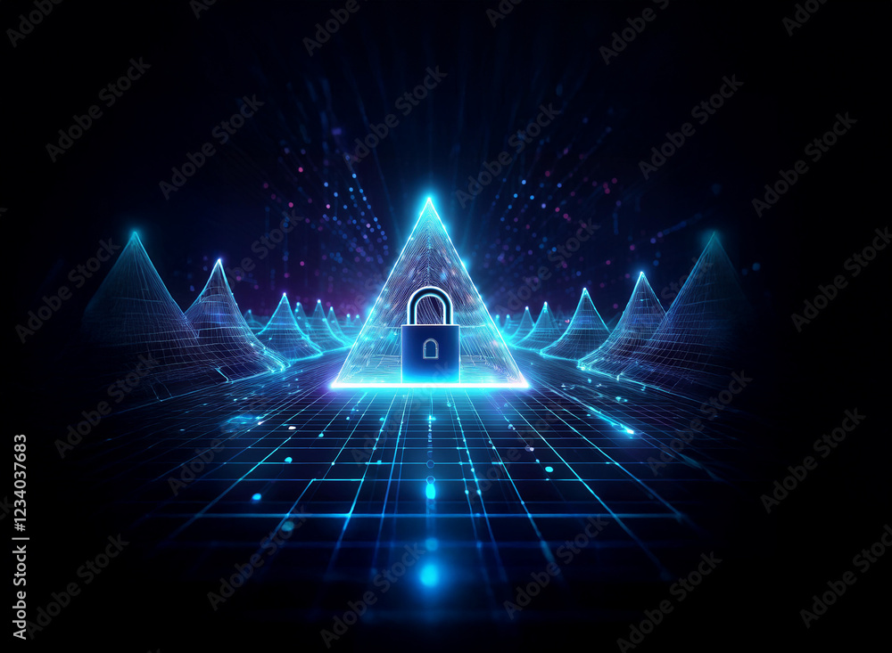 Poster a glowing blue padlock sits at the center of a futuristic, triangular landscape. digital data stream