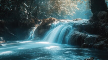 Serene forest waterfall, sunlight through trees, tranquil pool, nature background, ideal for relaxation