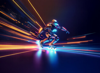 A futuristic robot glides on illuminated skates, streaks of vibrant light blurring behind it in dynamic motion, suggesting incredible speed and technological advancement.