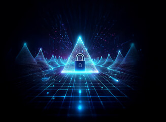 A glowing blue padlock sits at the center of a futuristic, triangular landscape.  Digital data streams flow across the scene, symbolizing cybersecurity and data protection.