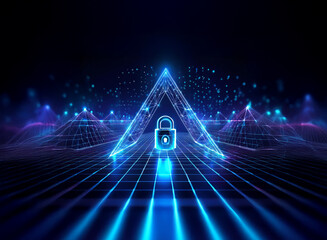 Abstract digital landscape with glowing blue lines, pyramids, and a central padlock symbol representing cybersecurity and data protection.  A futuristic, secure network is implied.