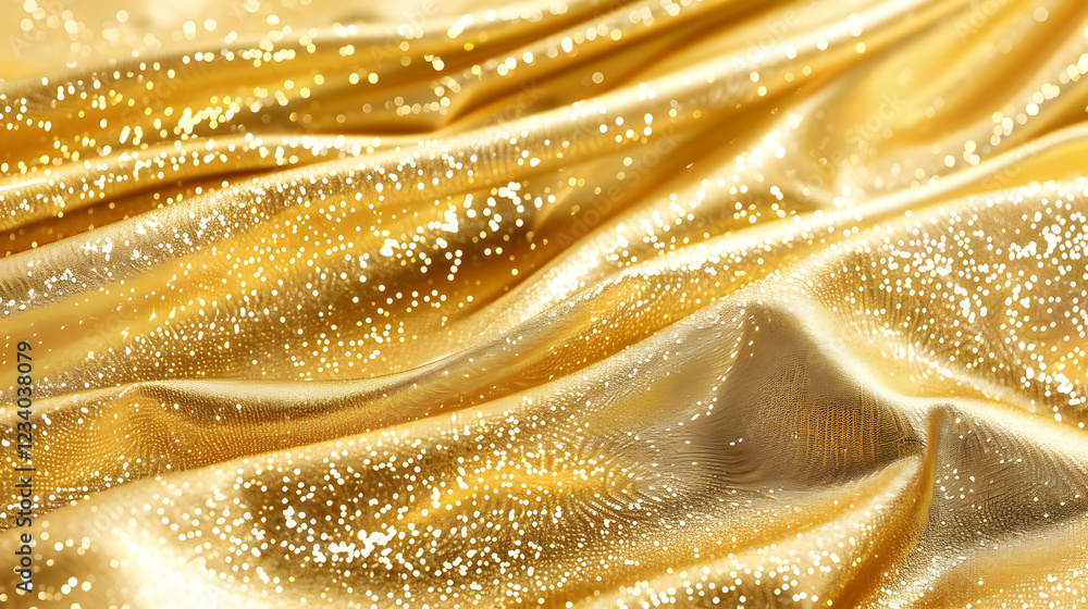 Poster a close-up of shimmering golden fabric with sparkling details, creating an elegant texture.