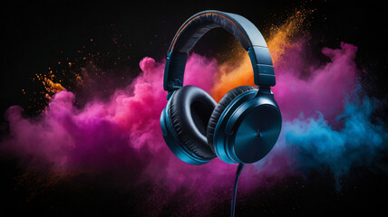 A pair of over-ear headphones suspended in mid-air against a dark background, surrounded by vibrant clouds of colored powder