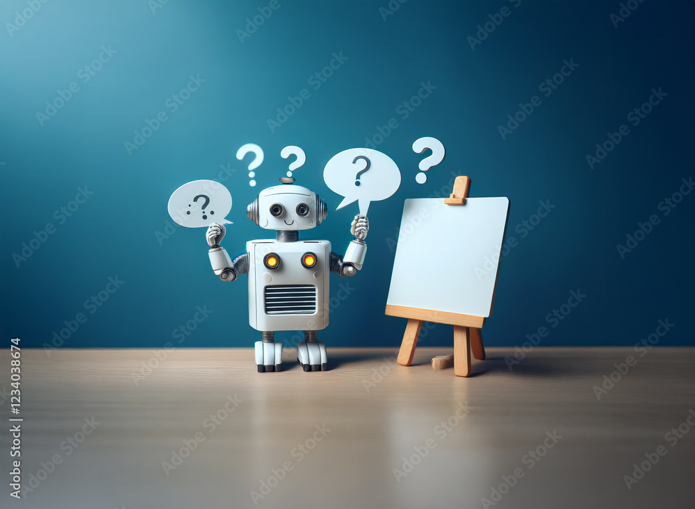 Poster a curious robot contemplates, surrounded by question marks, facing a blank canvas on an easel. it sy