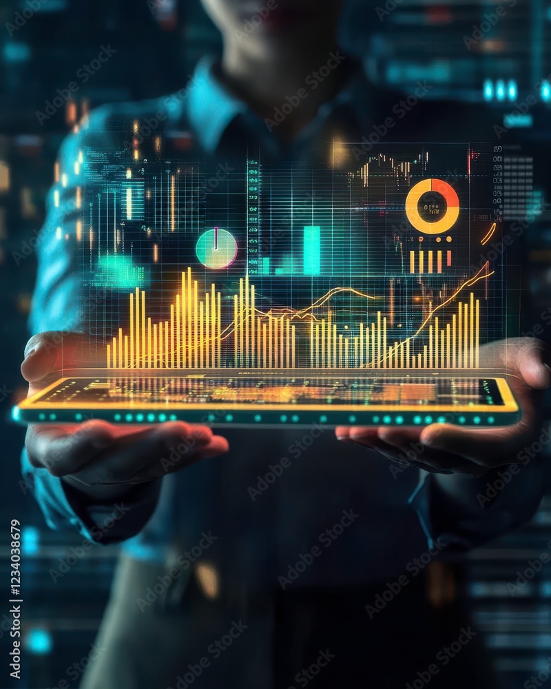 Poster a person holds a digital tablet displaying vibrant data visualizations, including charts and graphs,