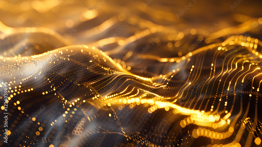 Poster abstract representation of flowing waves with glowing particles in a golden hue.