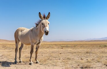 Obraz premium donkey standing in the desert against a clear blue sky