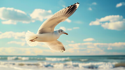 Obraz premium Flying seagull with wings spread in sunny blue sky 