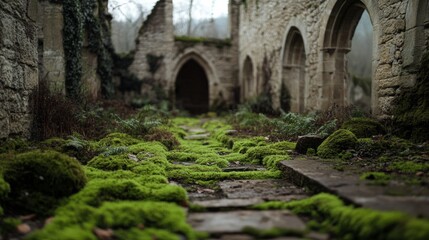 Fototapeta premium Ancient ruin draped in rich moss, creating a serene and timeless atmosphere within the old stone architecture.