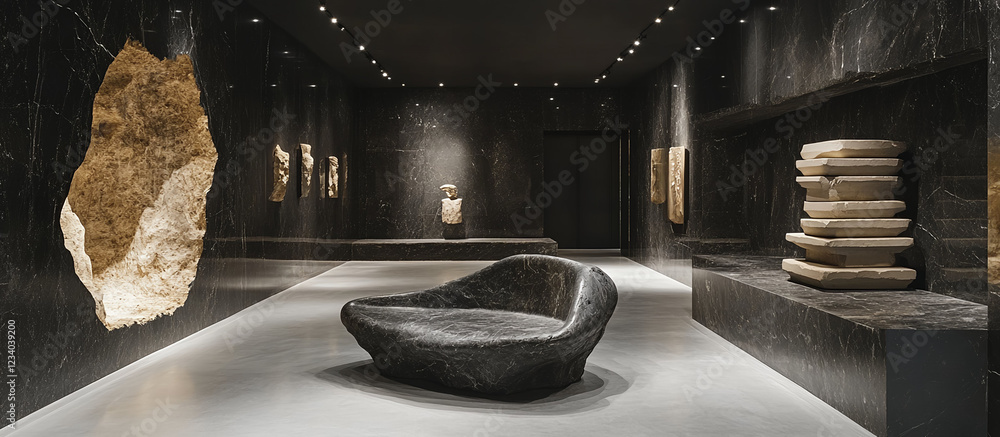 Wall mural Sculptural stone seating in a dark, minimalist gallery with ancient artifacts.