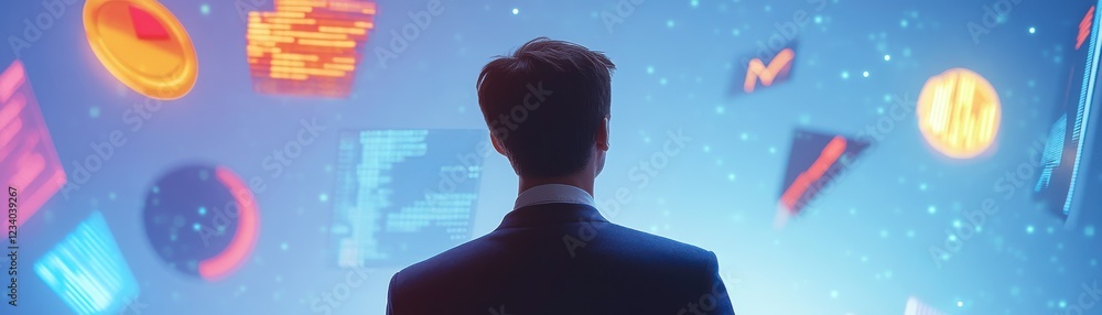 Poster a person in a suit gazes at a digital display of vibrant graphics and data, suggesting a futuristic,