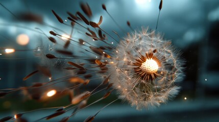 Fototapeta premium A dynamic dandelion disperses seeds into the breeze, highlighting nature’s ephemeral beauty against a stormy sky.