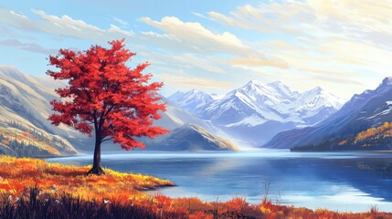 Vibrant Red Autumn Tree by a Serene Mountain Lake