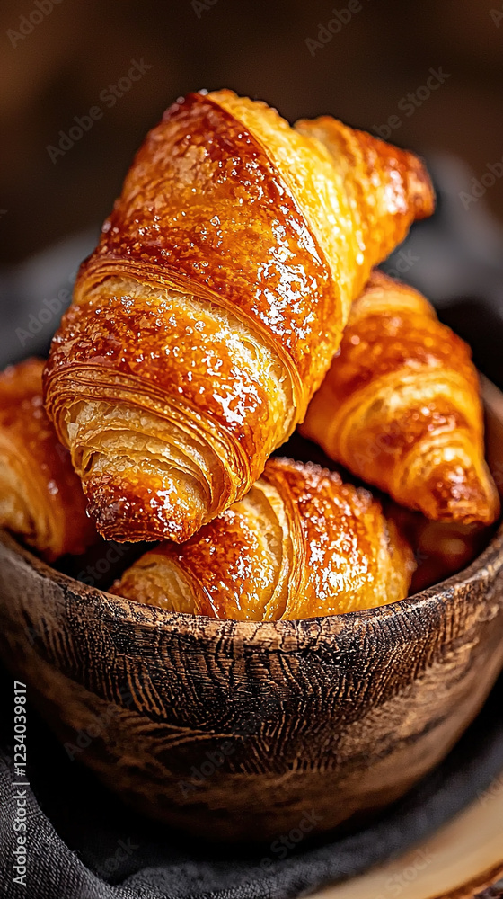 Wall mural Freshly baked croissants with flaky golden layers and soft texture, placed on a rustic plate with soft natural light and clean composition
