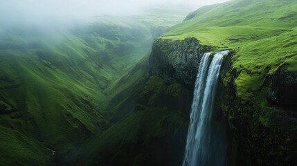 Majestic waterfall cascading down green cliffs in misty valley