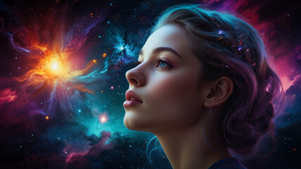 A young woman with her hair intricately woven with celestial elements like planets and stars, creating a galaxy-like appearance, cosmic fantasy concept