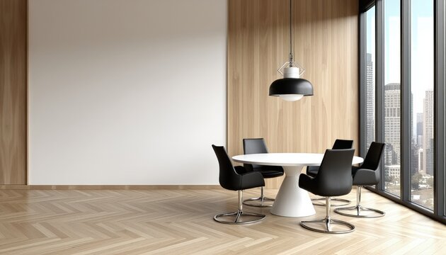 Modern minimalist dining area with a white table and black chairs, overlooking a city view. - Powered by Adobe