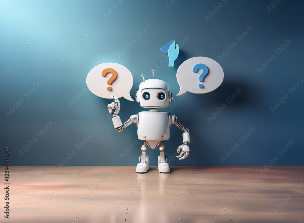 Poster a white robot contemplates two question marks in speech bubbles, symbolizing artificial intelligence
