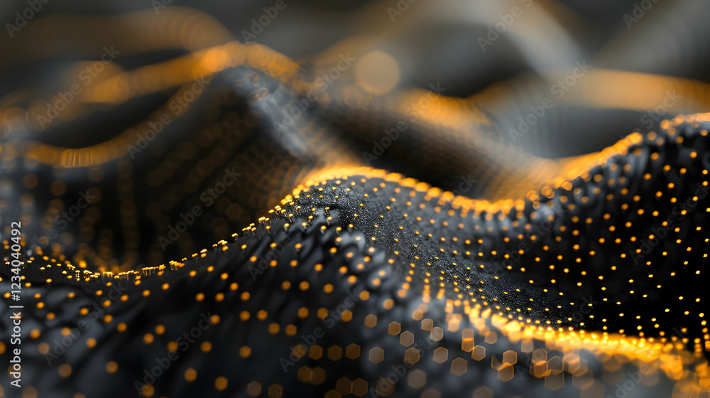 Poster abstract representation of flowing waves with glowing points in a dark environment.