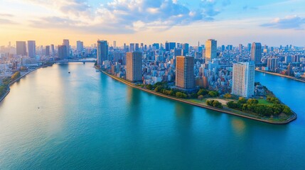 Aerial View of a Cityscape with a River and an Island at Sunset with Clouds