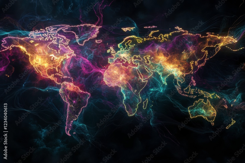 Poster a vibrant, colorful representation of a world map illuminated with cosmic patterns, blending element
