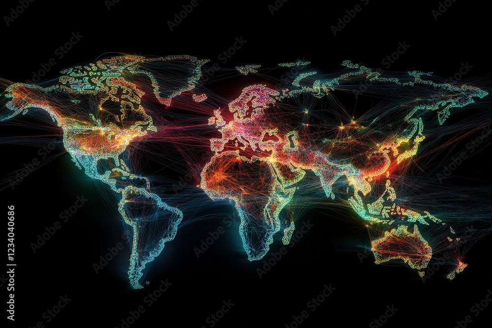 Poster a vibrant digital map of the world, showcasing interconnected lines of light representing data flow 